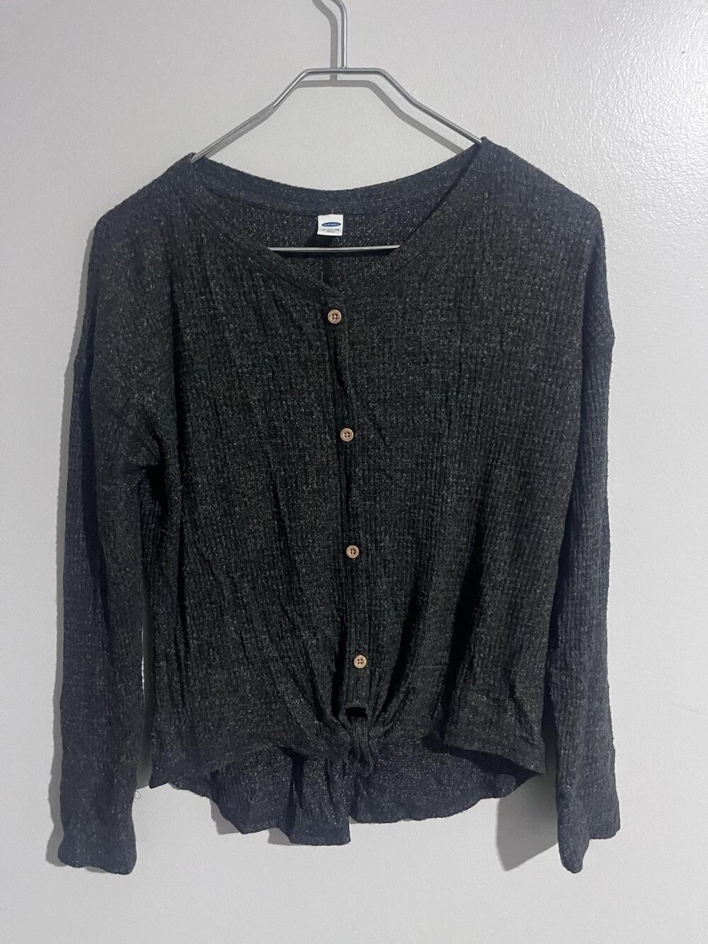 Old Navy Sweater Womens XL Gray Waffle-Knit Cardigan Button Tie Front